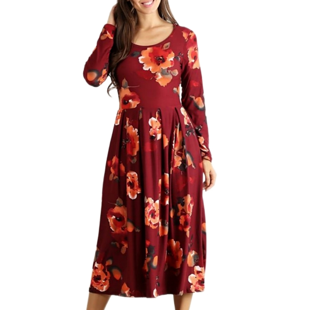FLORAL BURGUNDY & PEACH PLEATED MIDI DRESS - Picture 3 of 9